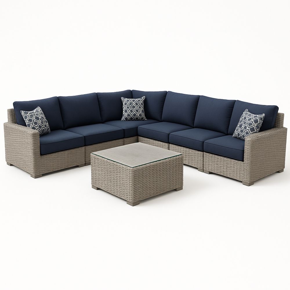 Gartenmöbel Set Ecksofa aus Rattan mit Tisch  Dunkelblau