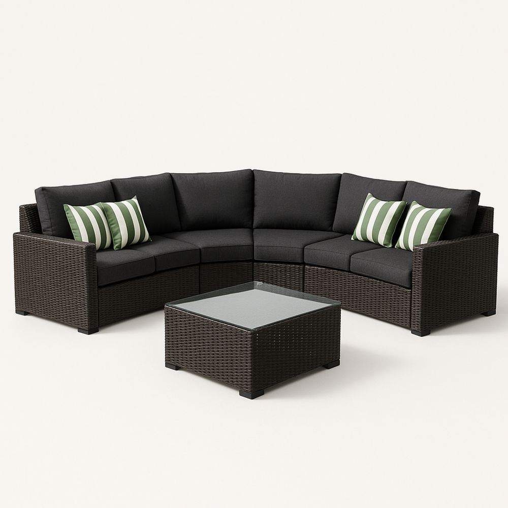Gartenmöbel Set Ecksofa aus Polyrattan mit Glastisch und Kissen Schwarz Braun