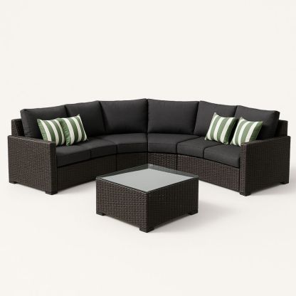 Gartenmöbel Set Ecksofa aus Polyrattan mit Glastisch und Kissen Schwarz Braun