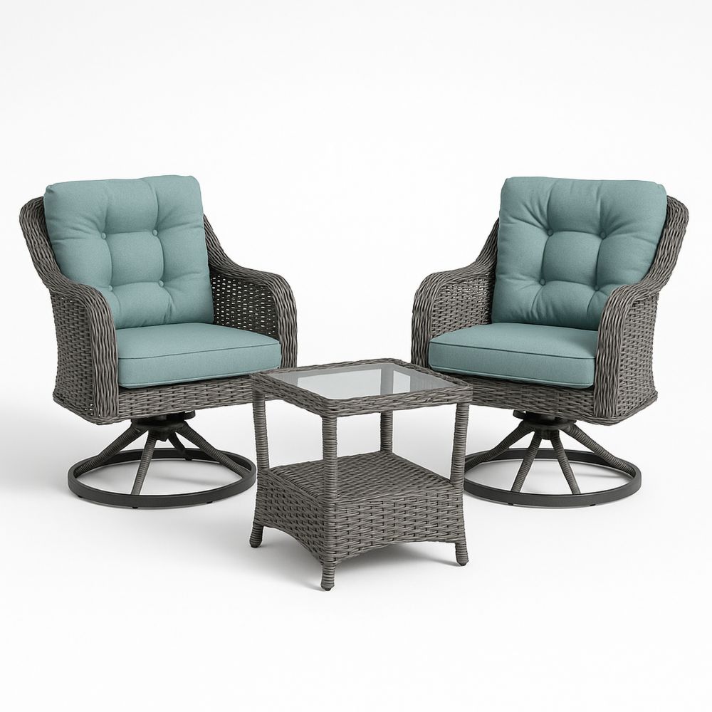 Gartenmöbel Set Polyrattan Stuhl und Tisch Glasplatte Grau/Türkis