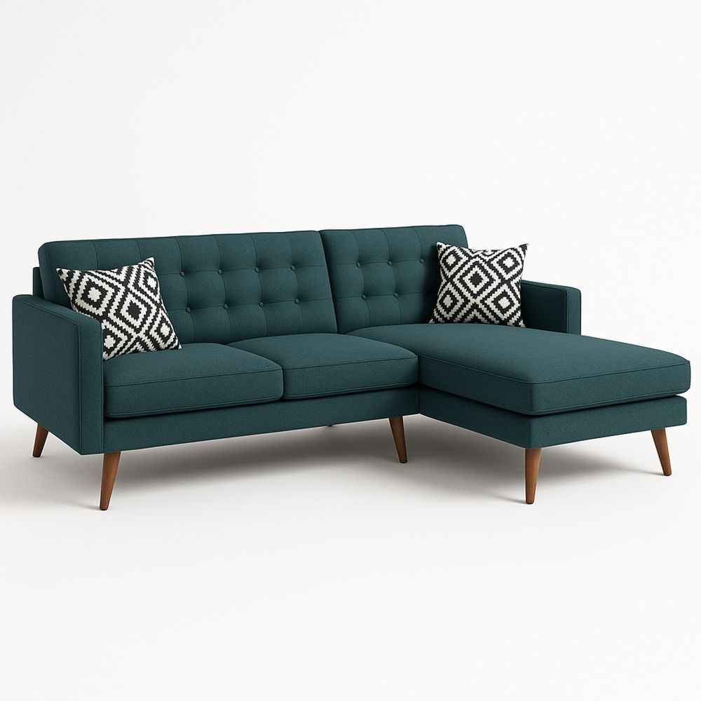 L-förmiges Sofa aus Polyesterstoff mit Holzbeinen 230x150x85 cm Blaugrün