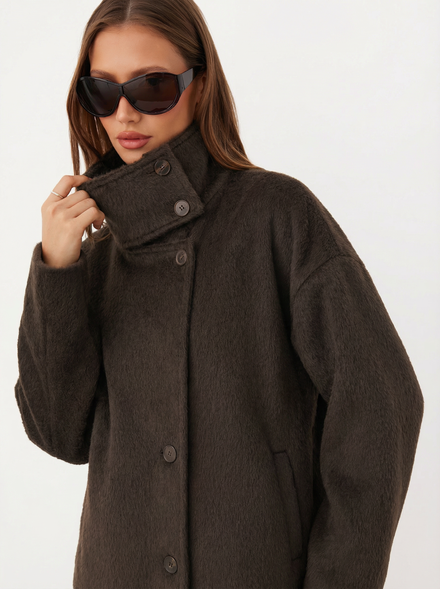 Wool-look Funnel Neck Long Sleeve Oversized Jacket