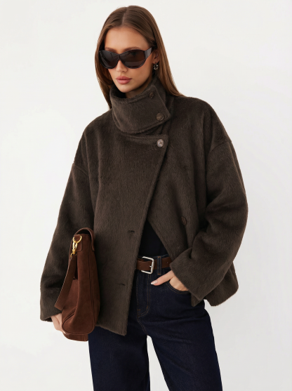 Wool-look Funnel Neck Long Sleeve Oversized Jacket
