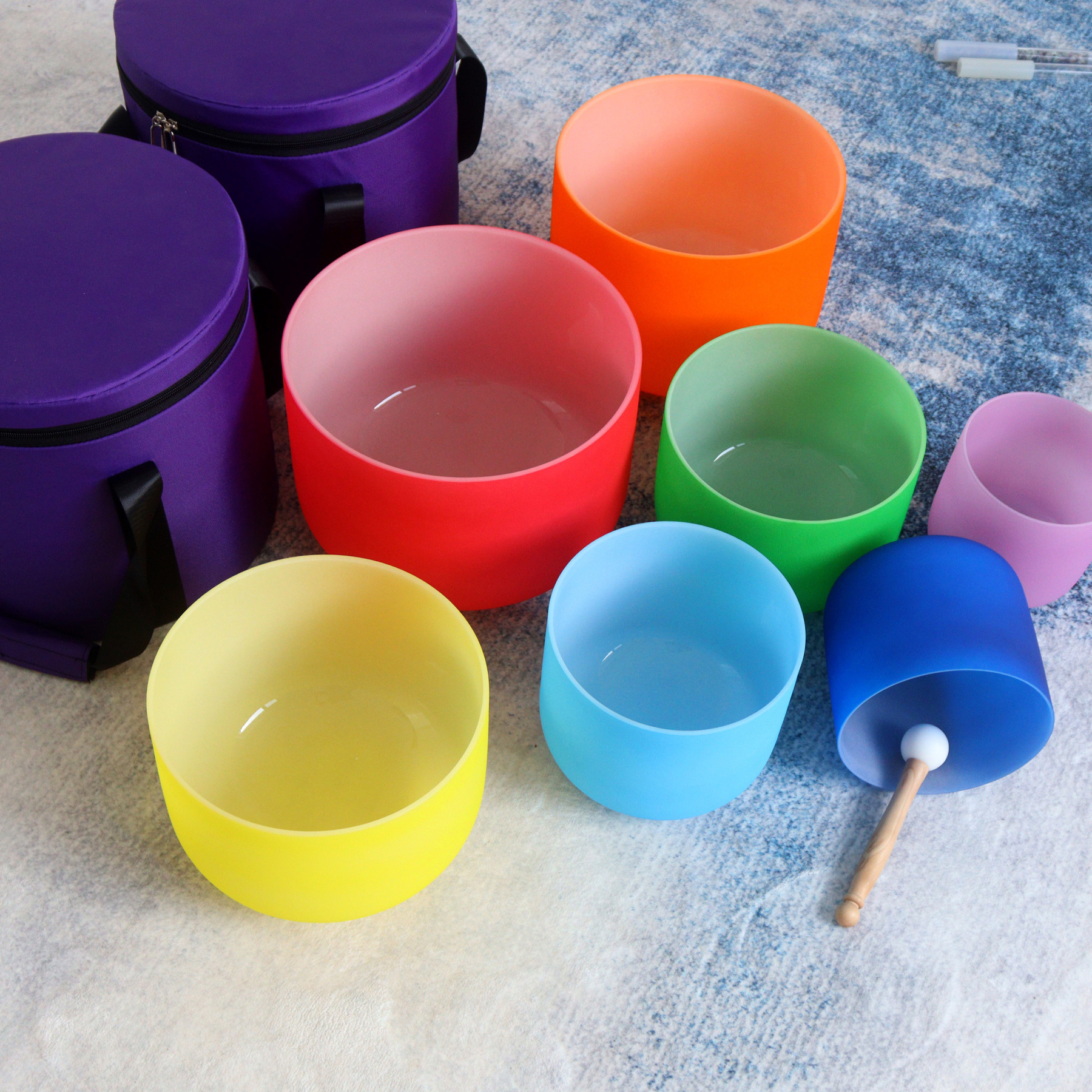 7-Chakra Color Frosted Crystal Singing Bowl Set