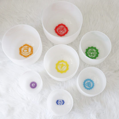 7-Chakra White Frosted Crystal Singing Bowl Set
