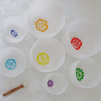 7-Chakra White Frosted Crystal Singing Bowl Set