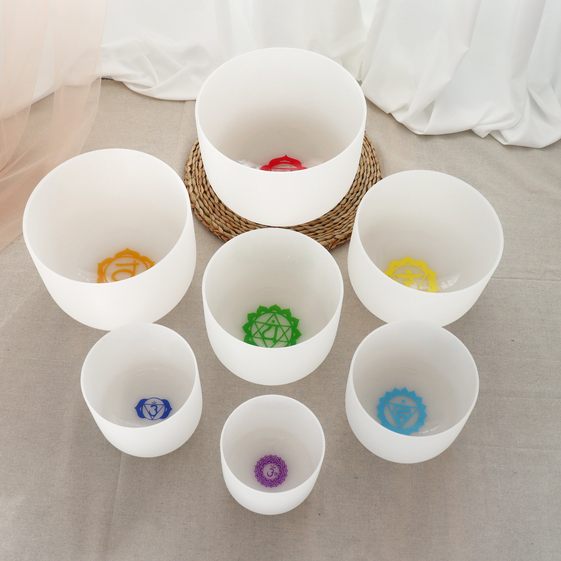 7-Chakra White Frosted Crystal Singing Bowl Set