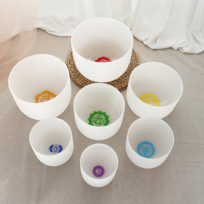 7-Chakra White Frosted Crystal Singing Bowl Set