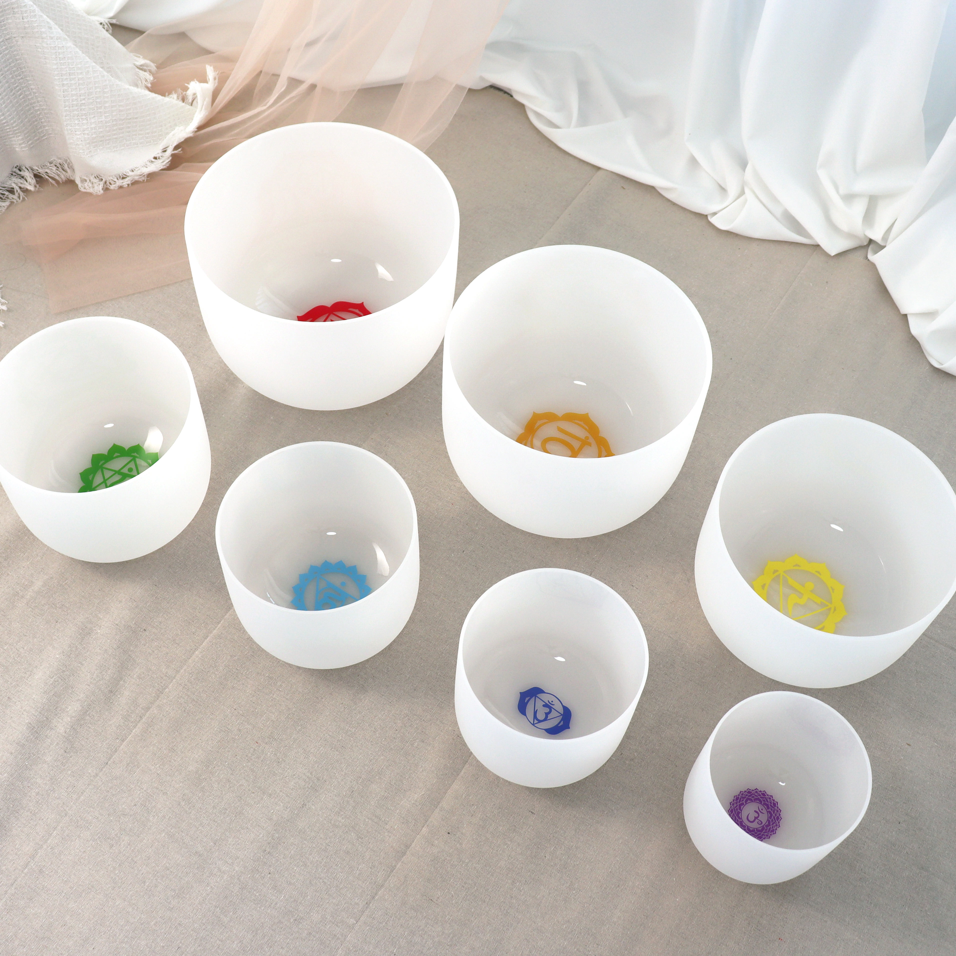 7-Chakra White Frosted Crystal Singing Bowl Set