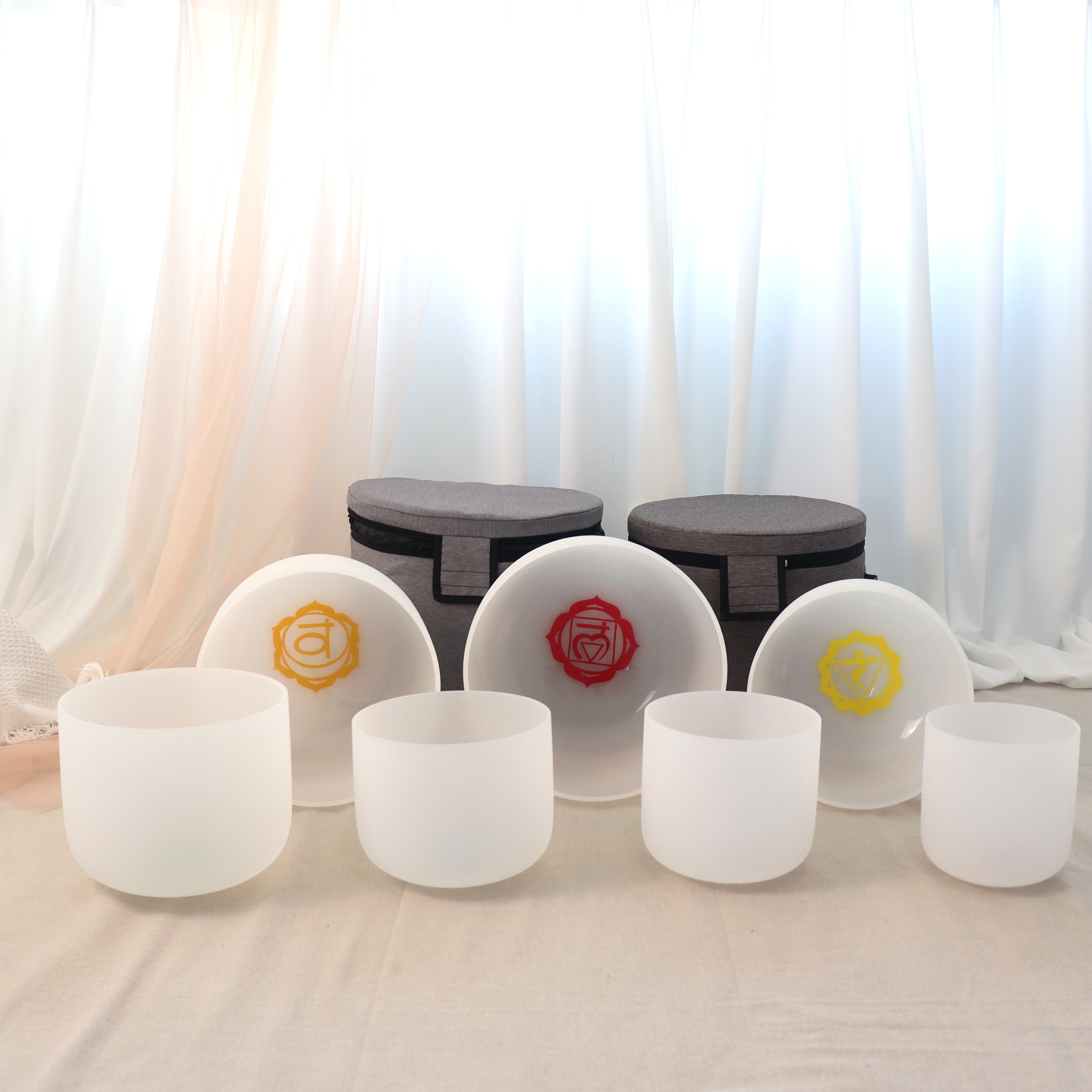 7-Chakra White Frosted Crystal Singing Bowl Set