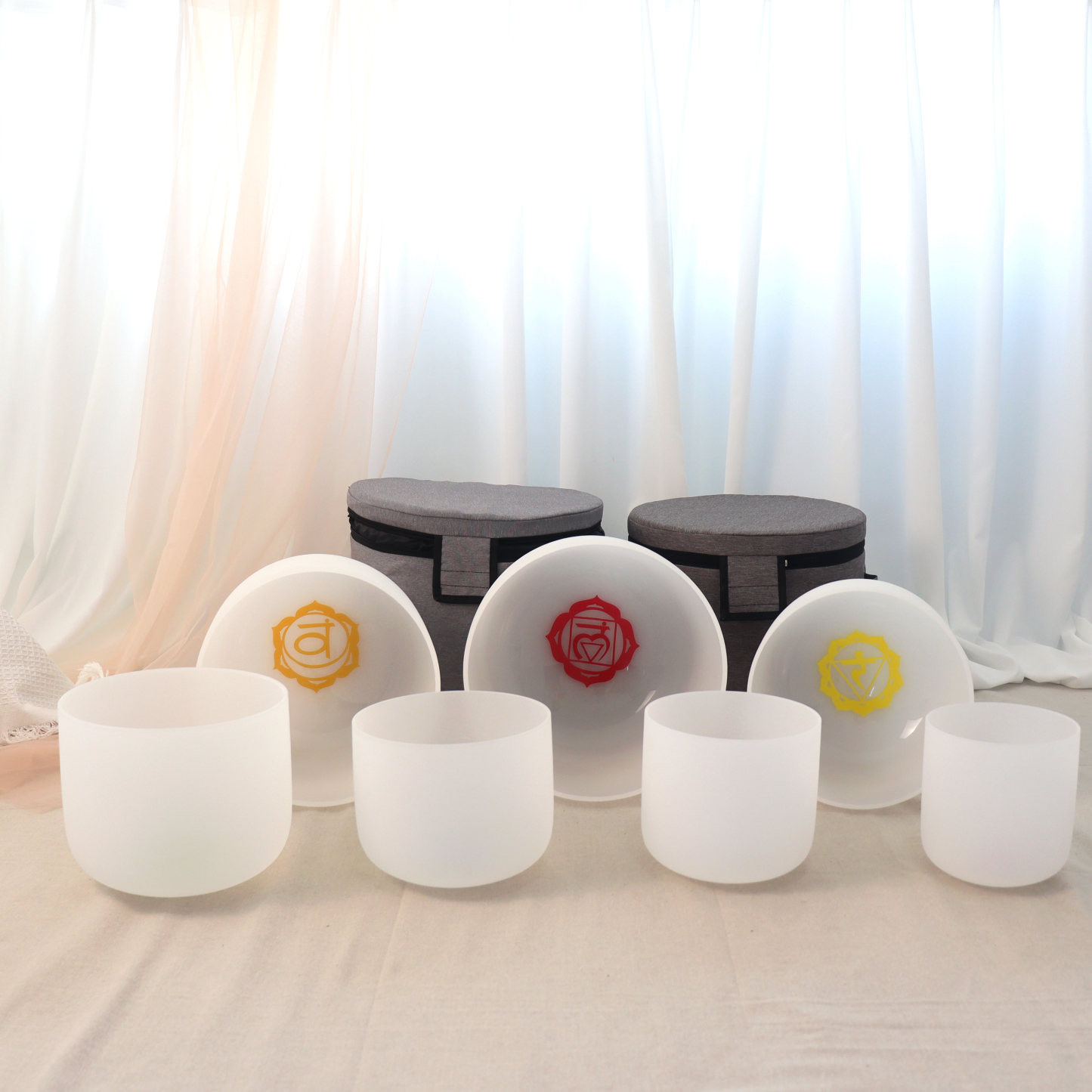 7-Chakra White Frosted Crystal Singing Bowl Set