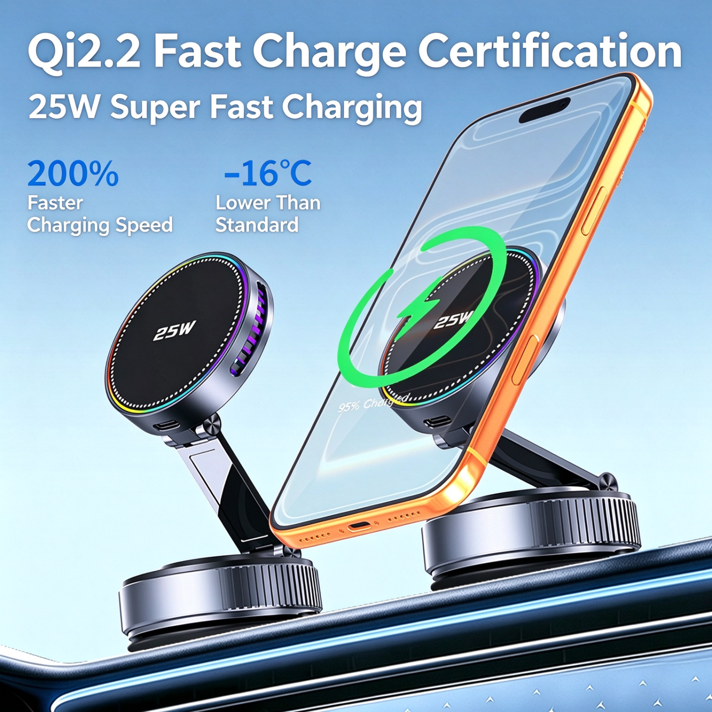 EXEEK-K5S-K Qi2 25W Vacuum Suction Wireless Car Charger（Compatible with MagSafe）