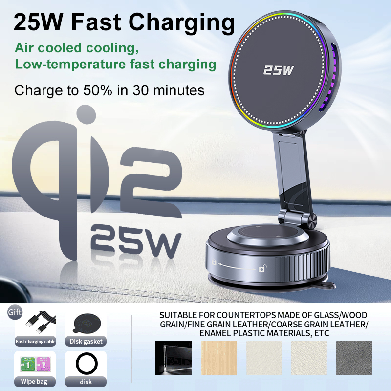 EXEEK-K5S-K Qi2 25W Vacuum Suction Wireless Car Charger（Compatible with MagSafe）