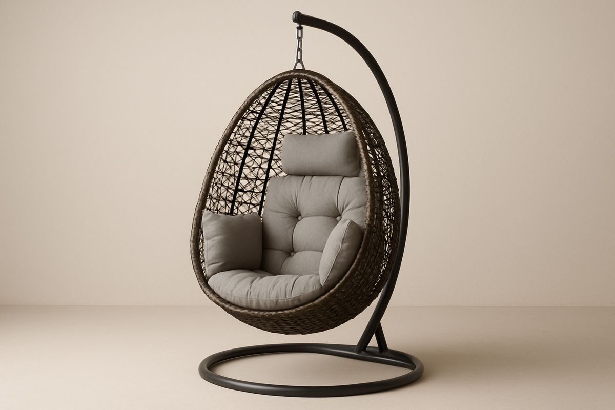 Rattan Hängesessel Dunkelbraun Metallrahmen Grau Kissen