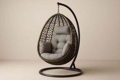 Rattan Hängesessel Dunkelbraun Metallrahmen Grau Kissen