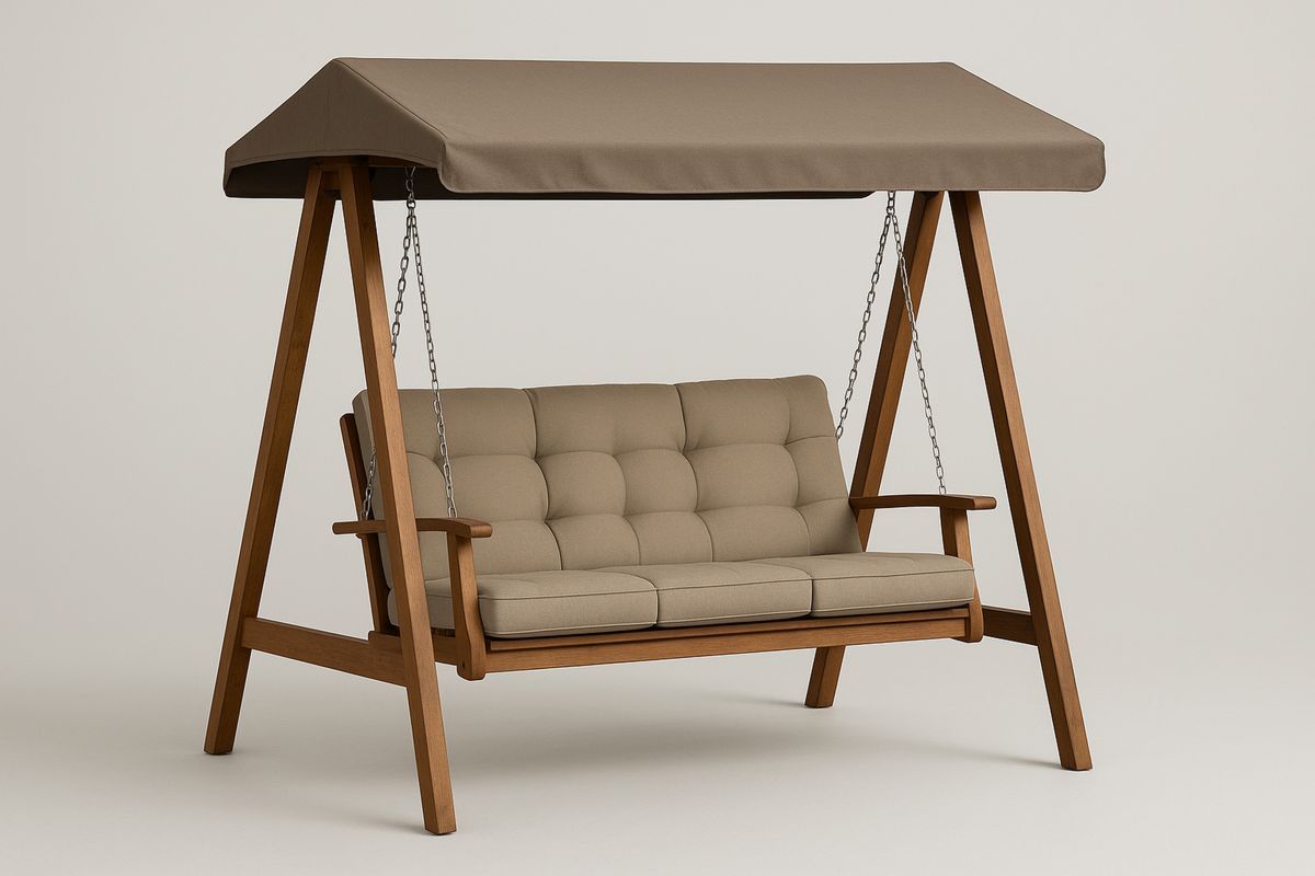 Zweisitzer-Gartenschaukel aus Holz und Metall mit Kissen und Sonnendach – Beige