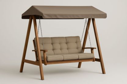 Zweisitzer-Gartenschaukel aus Holz und Metall mit Kissen und Sonnendach – Beige