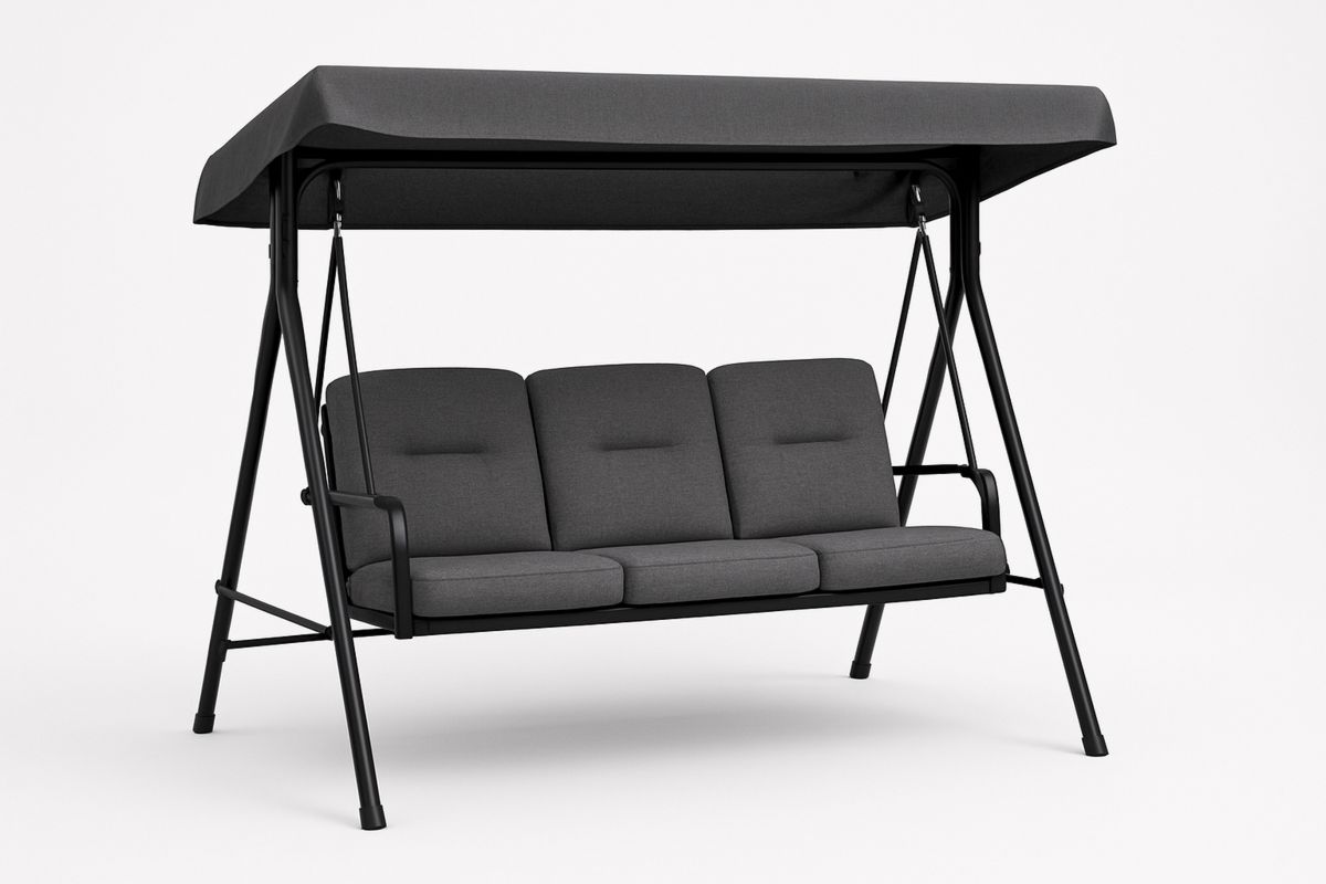 Gartenschaukel Dreisitzer Stahlrahmen Polyester Polsterung Dunkelgrau