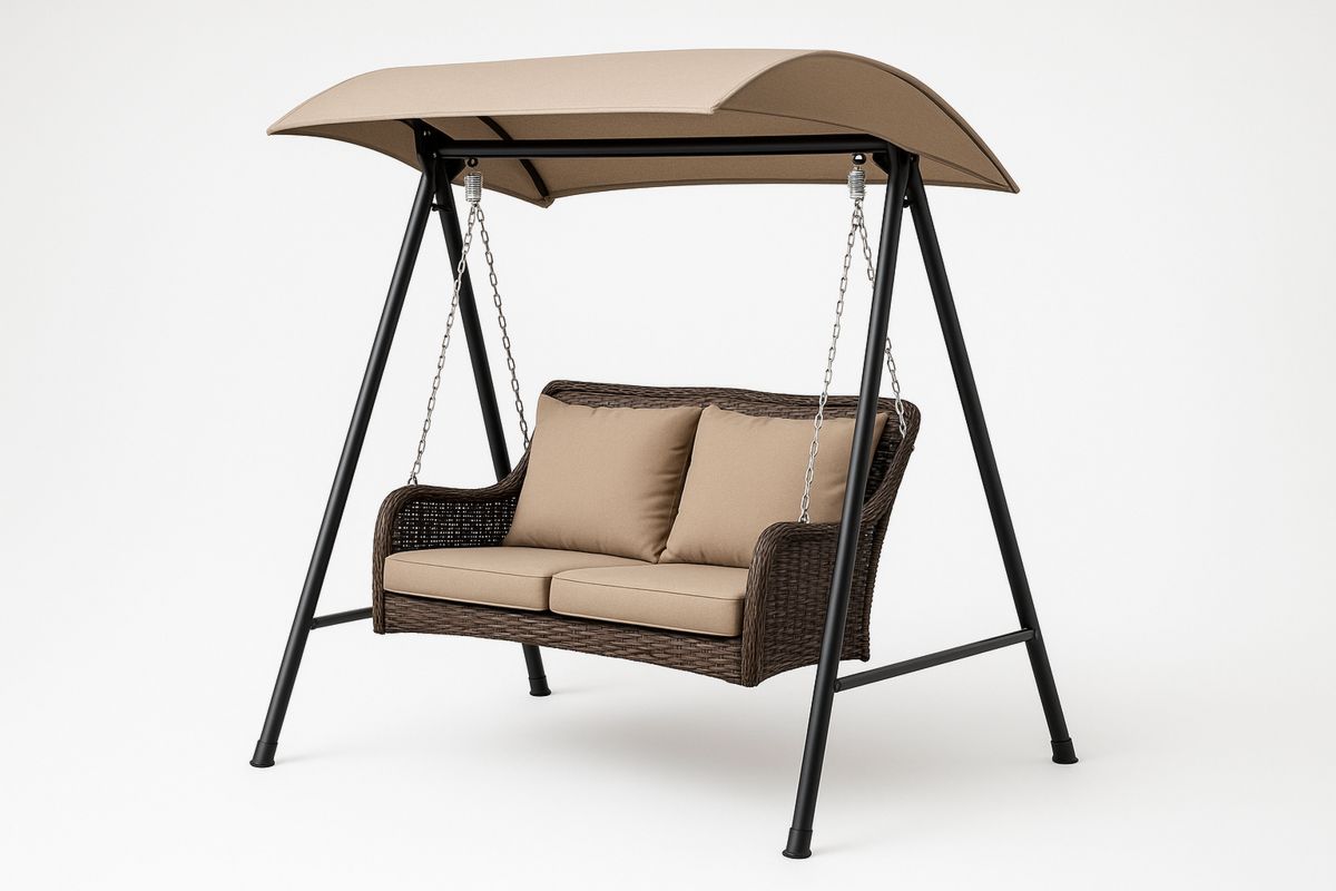 Zweisitzer-Gartenschaukelbank aus Metall mit Polyrattan-Sitz und Verdeck – Beige/Braun