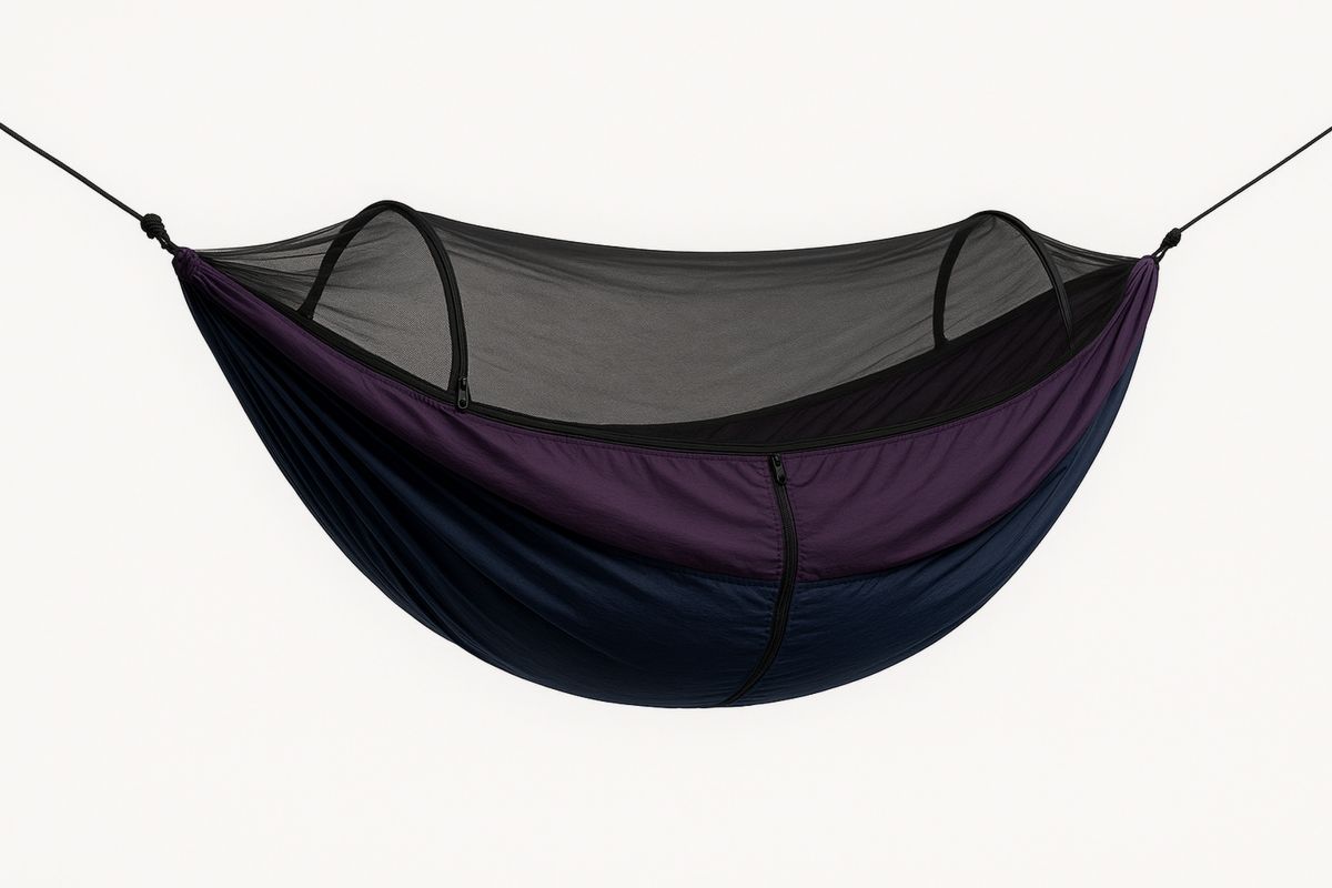 Leichte Camping-Hängematte aus Nylon mit Moskitonetz – Violett/Schwarz, 290×145 cm