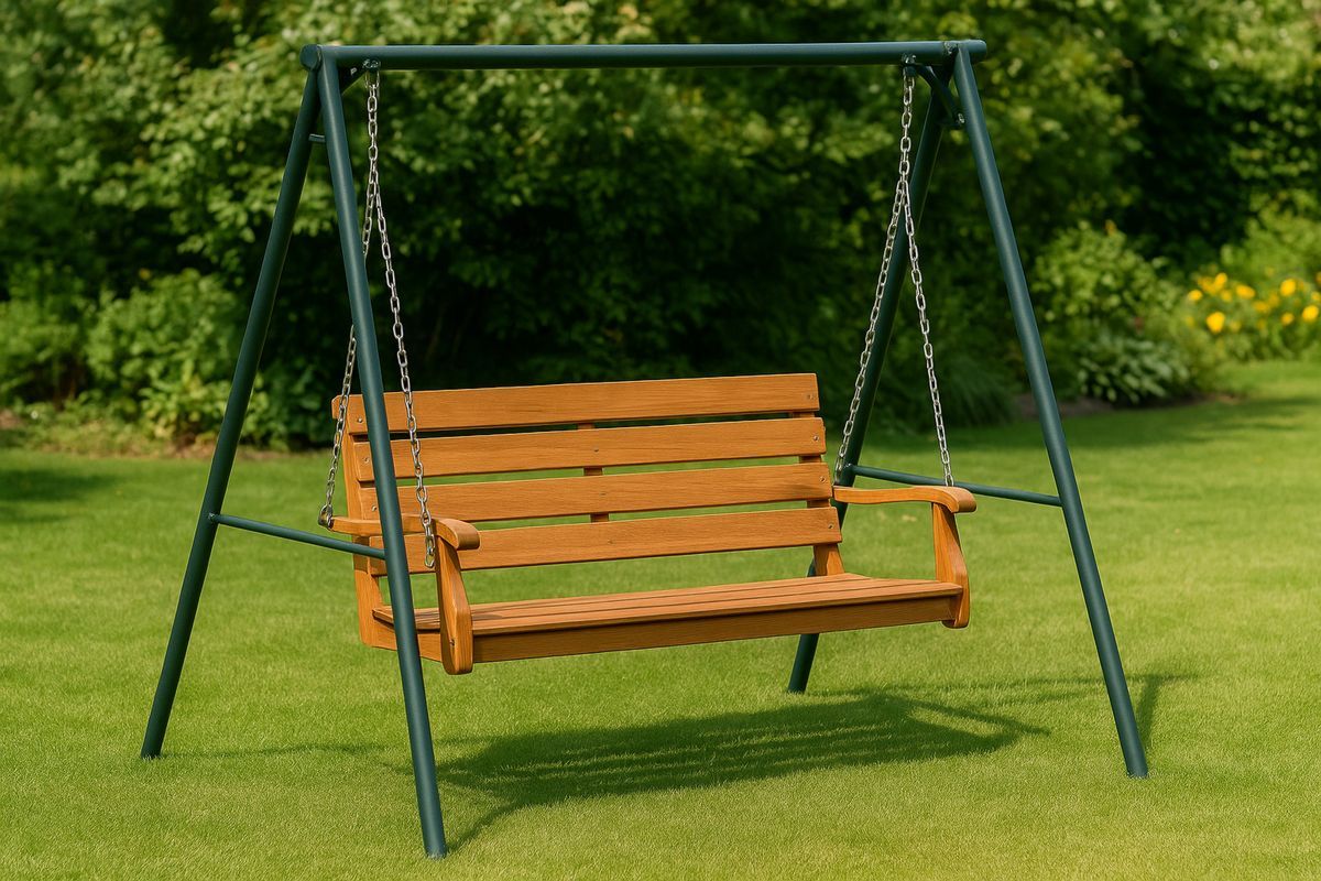 Zweisitzer-Gartenschaukelbank aus Massivholz und Metall – Braun/Grün, 150×120×180 cm