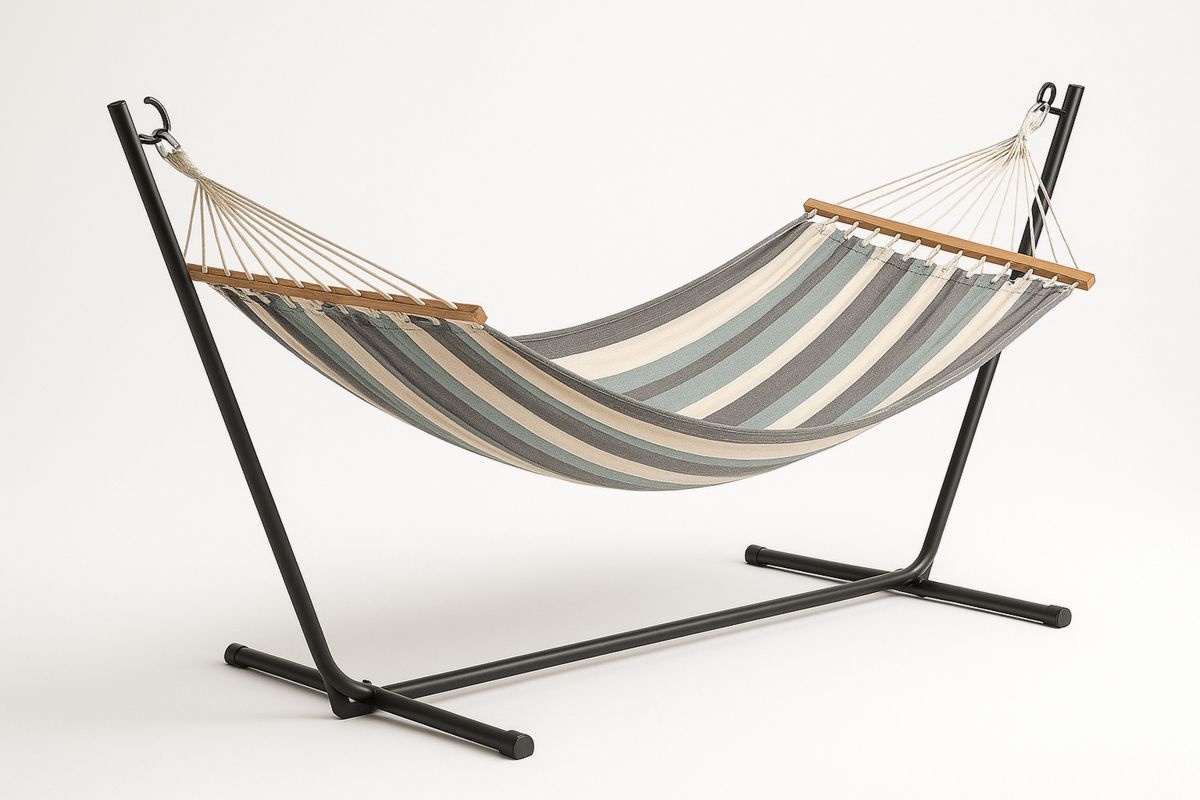 Gestreifte Hängematte mit Stahlgestell 200 cm Schwarz/Beige