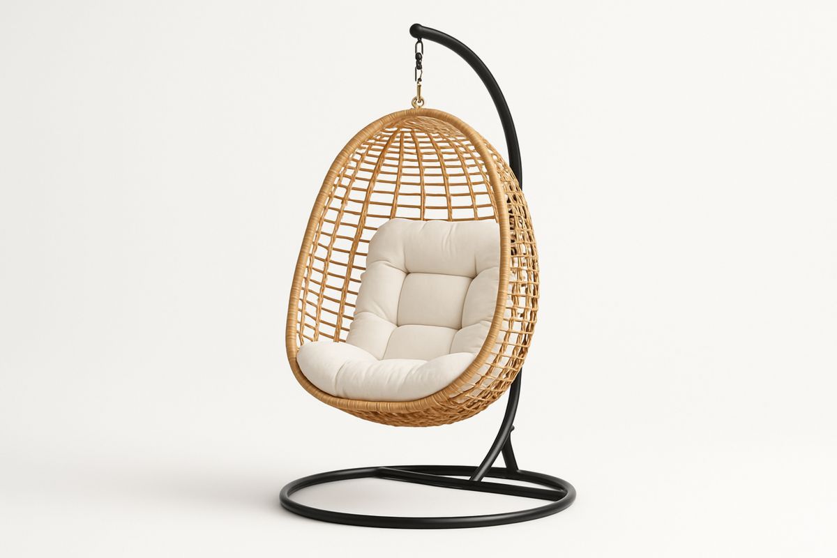 Hängesessel Rattan Creme Polster Stahlgestell 95cm Breit