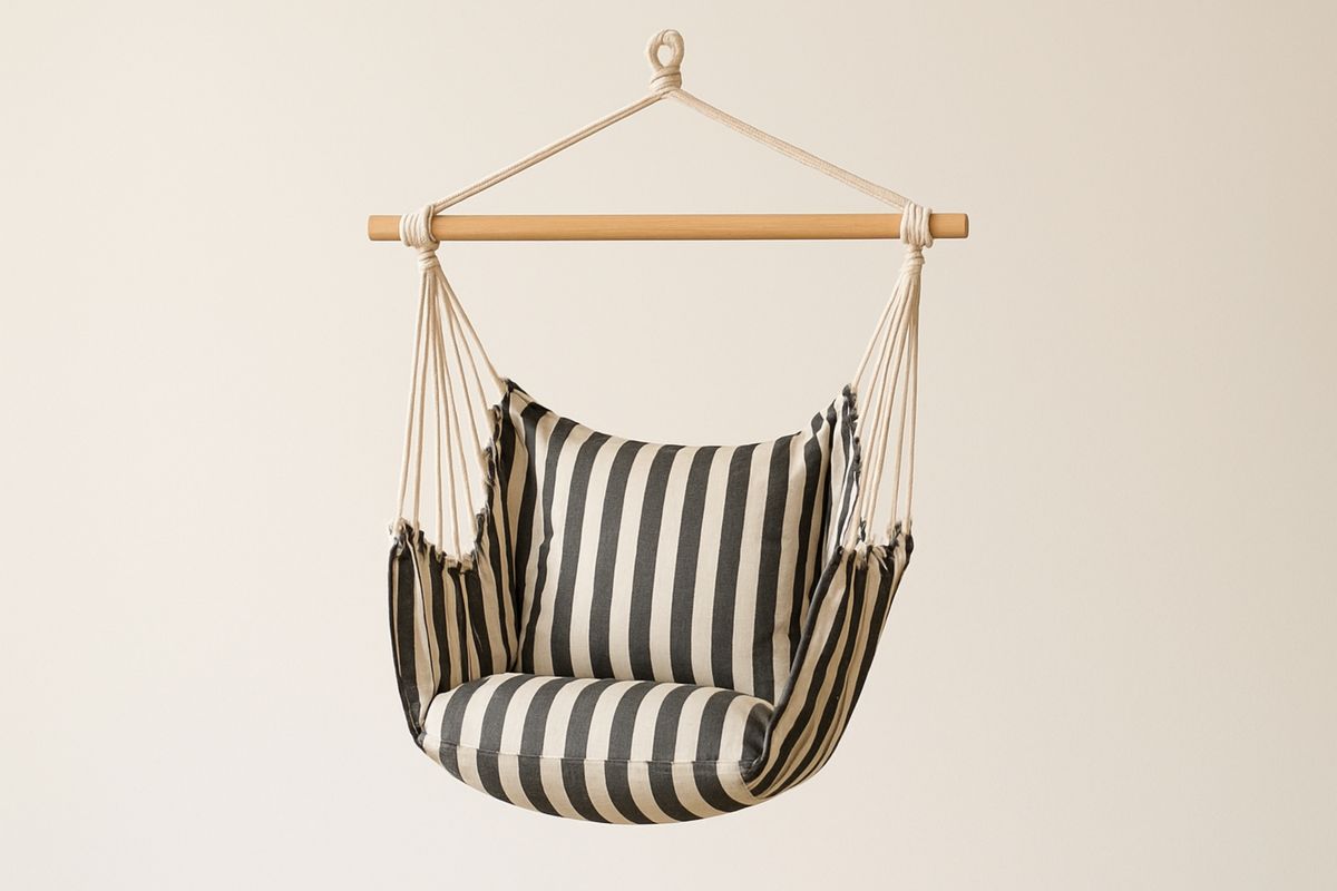 Hängesessel Baumwolle mit Holzstab Schwarz/Weiß Gestreift
