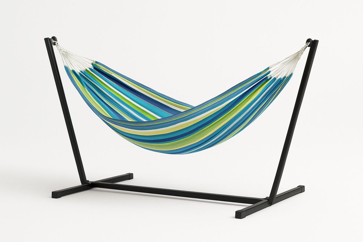 Hängematte mit Gestell aus Baumwollmischung Blau/Grün/Gelb
