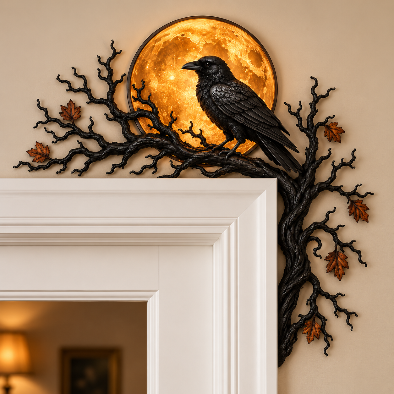 ⏰LAST DAY 50% OFF-🌙🖤Raven and Full Moon Wooden Door Corner Topper