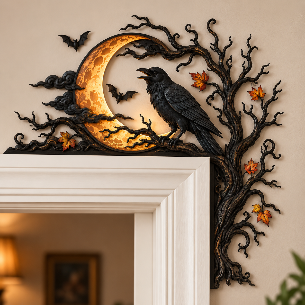 ⏰LAST DAY 50% OFF-🌙🖤Raven and Full Moon Wooden Door Corner Topper
