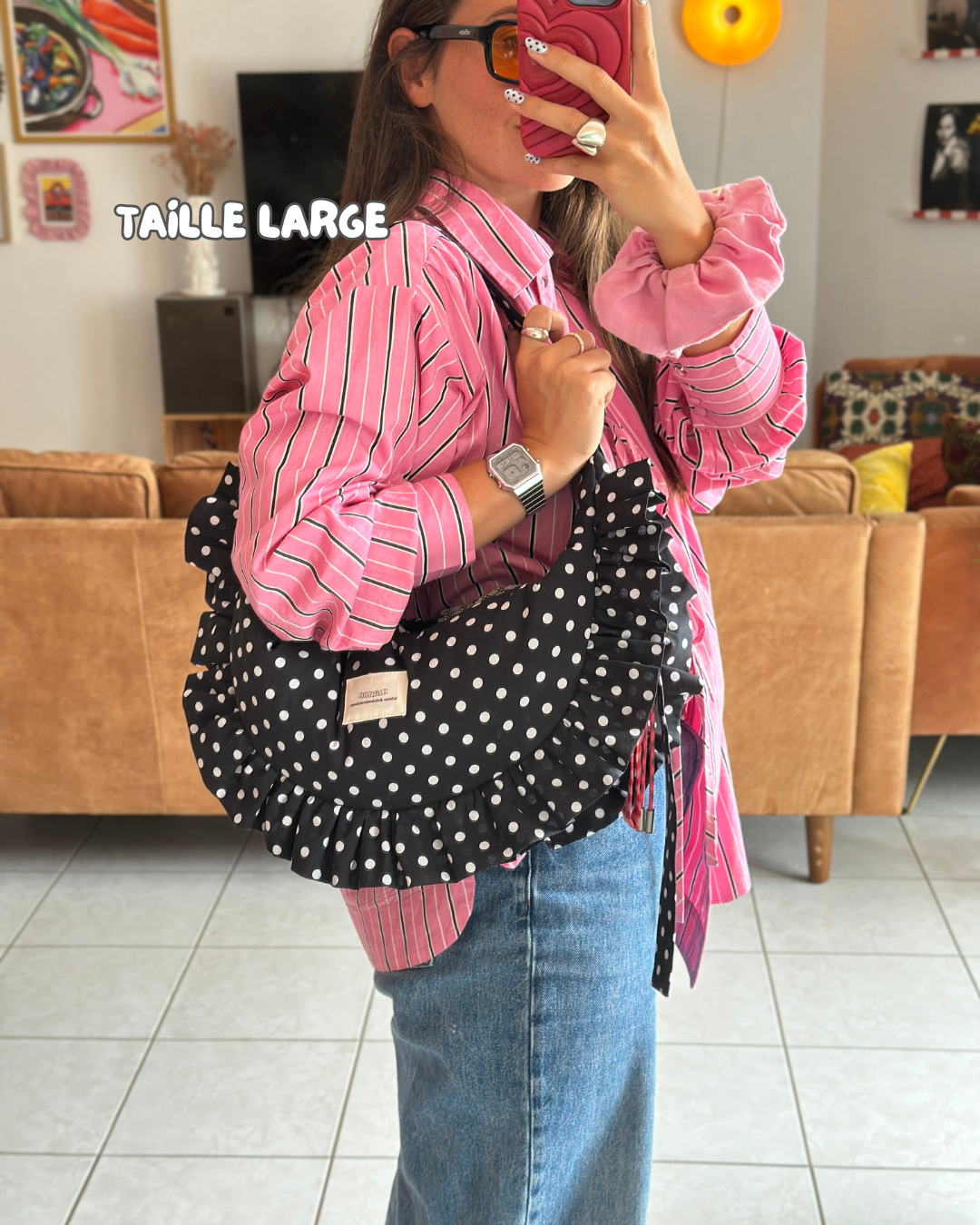 CROISSANT BAG Medium and Large Size - Black with white polka dots