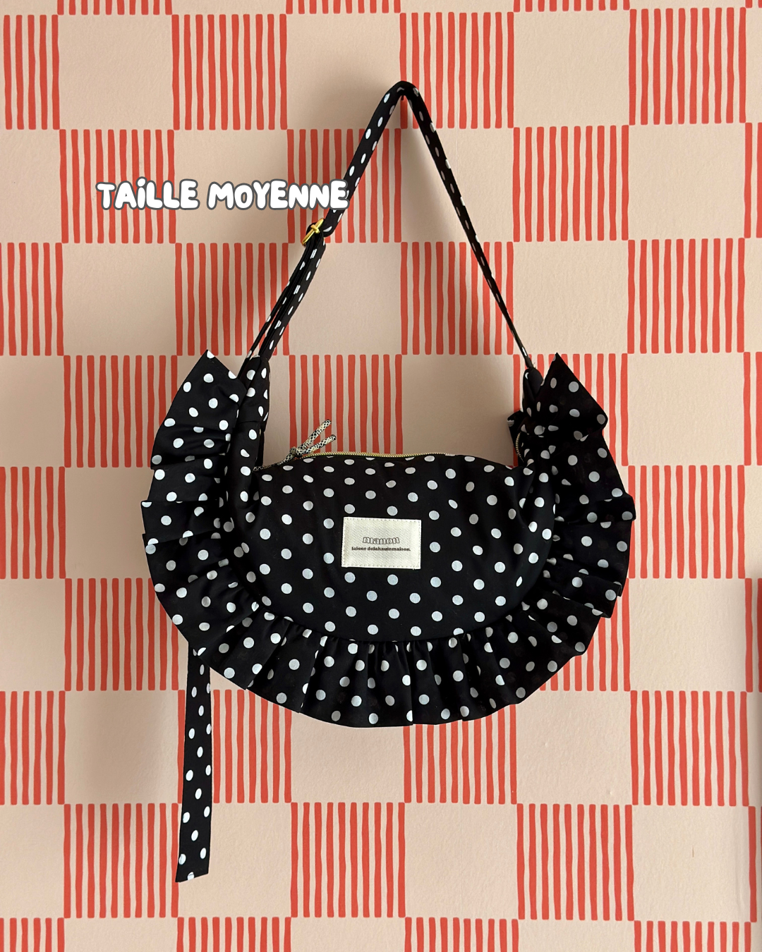 CROISSANT BAG Medium and Large Size - Black with white polka dots