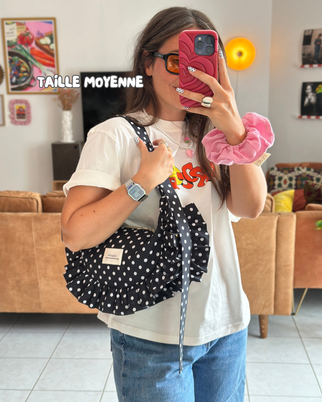 CROISSANT BAG Medium and Large Size - Black with white polka dots