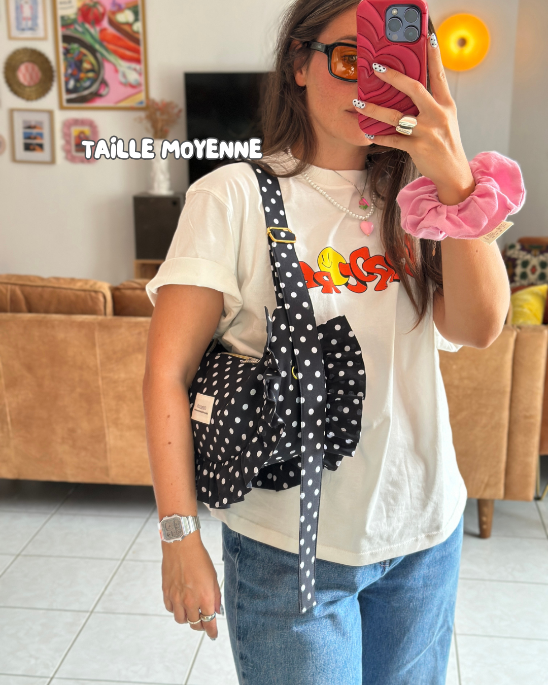 CROISSANT BAG Medium and Large Size - Black with white polka dots