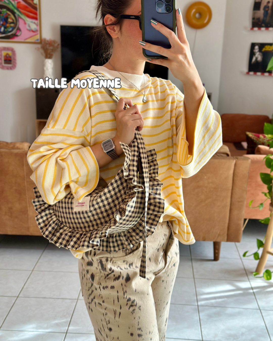 CROISSANT BAG Medium and Large Size - Beige/Black Checkered Pattern 