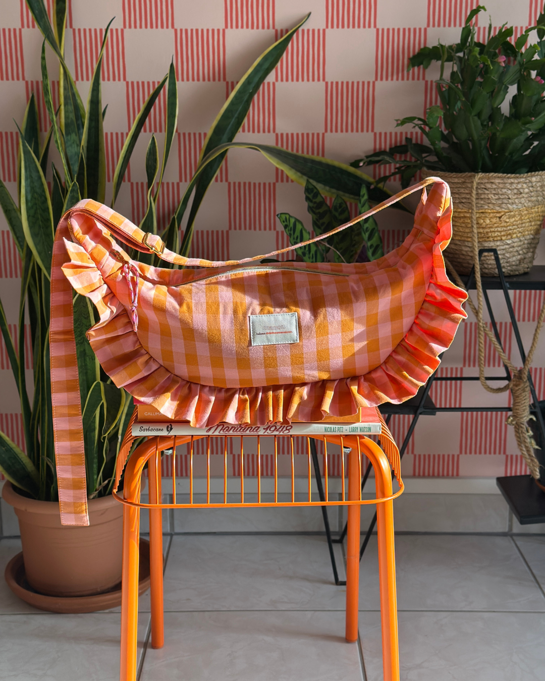  CROISSANT BAG Medium Size - Orange/Pink Checkered Pattern 