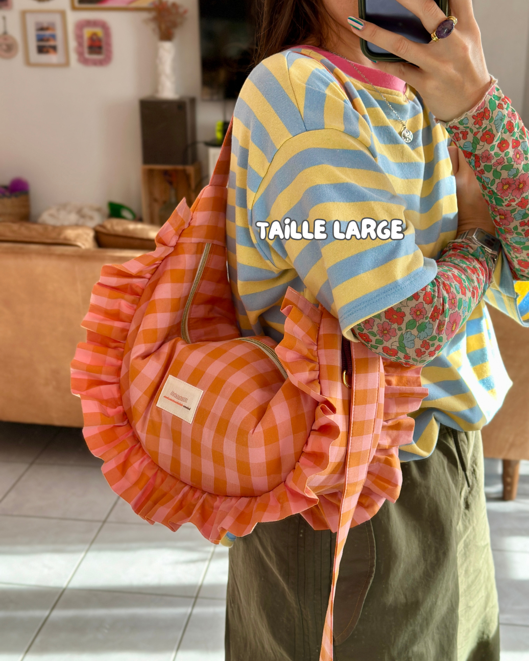  CROISSANT BAG Medium Size - Orange/Pink Checkered Pattern 