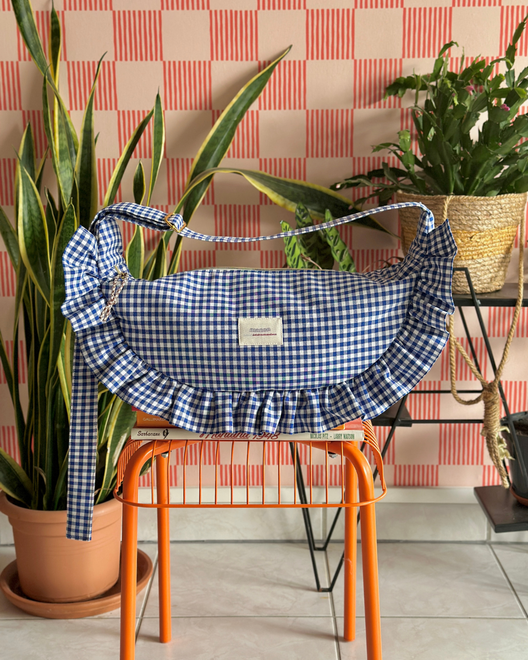  CROISSANT BAG Medium and Large Size - Small blue and white gingham check 