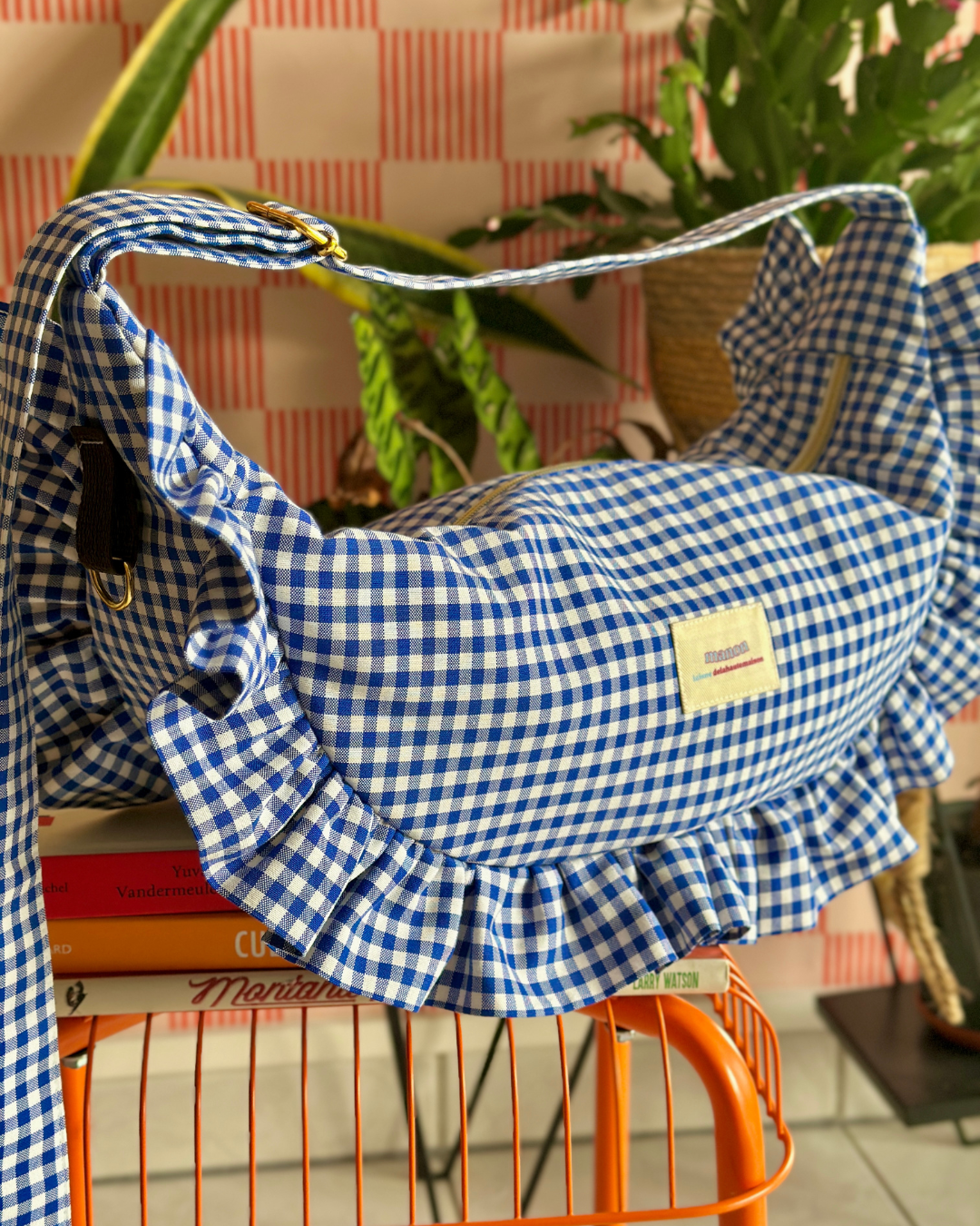 CROISSANT BAG Medium and Large Size - Small blue and white gingham check 