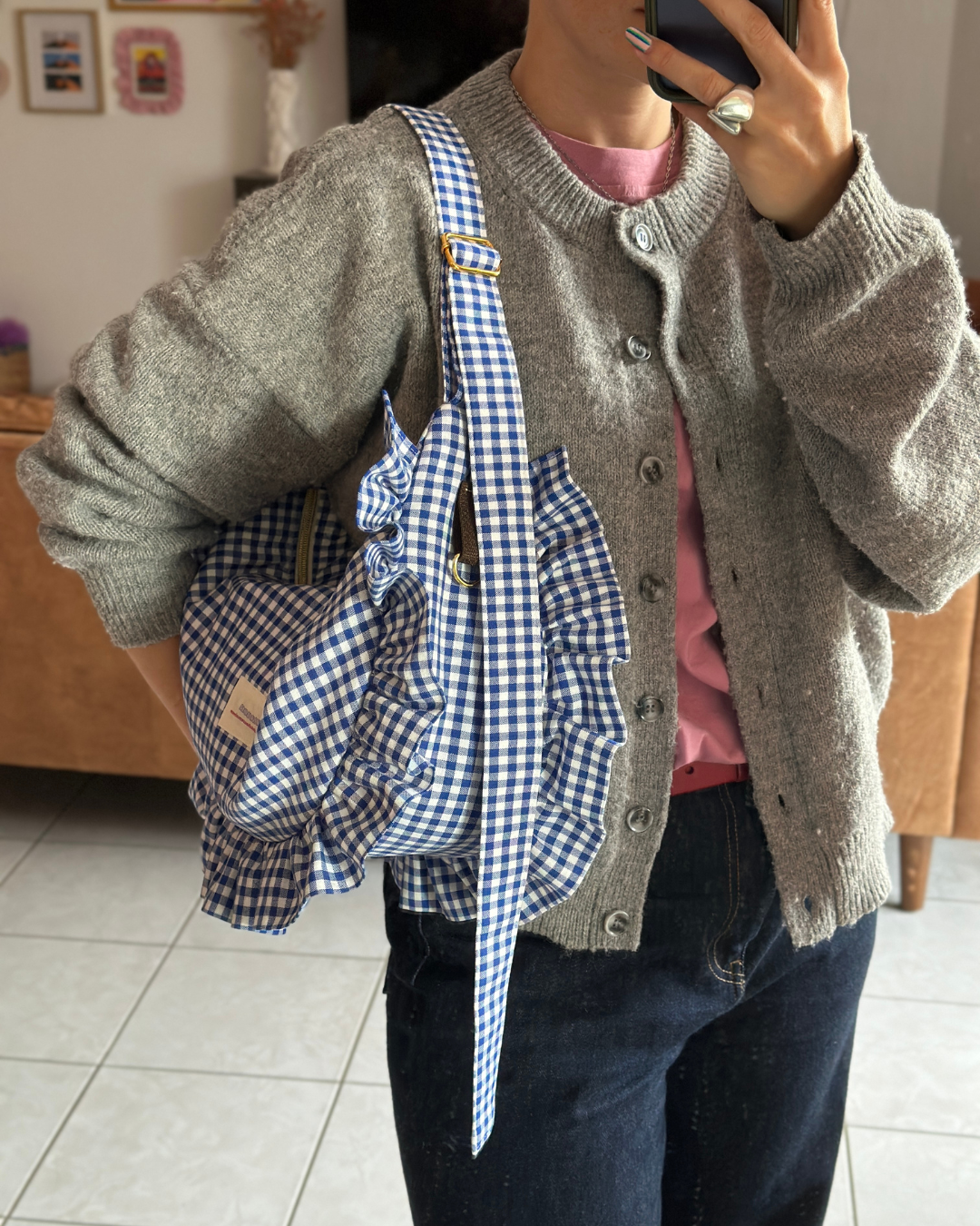  CROISSANT BAG Medium and Large Size - Small blue and white gingham check 