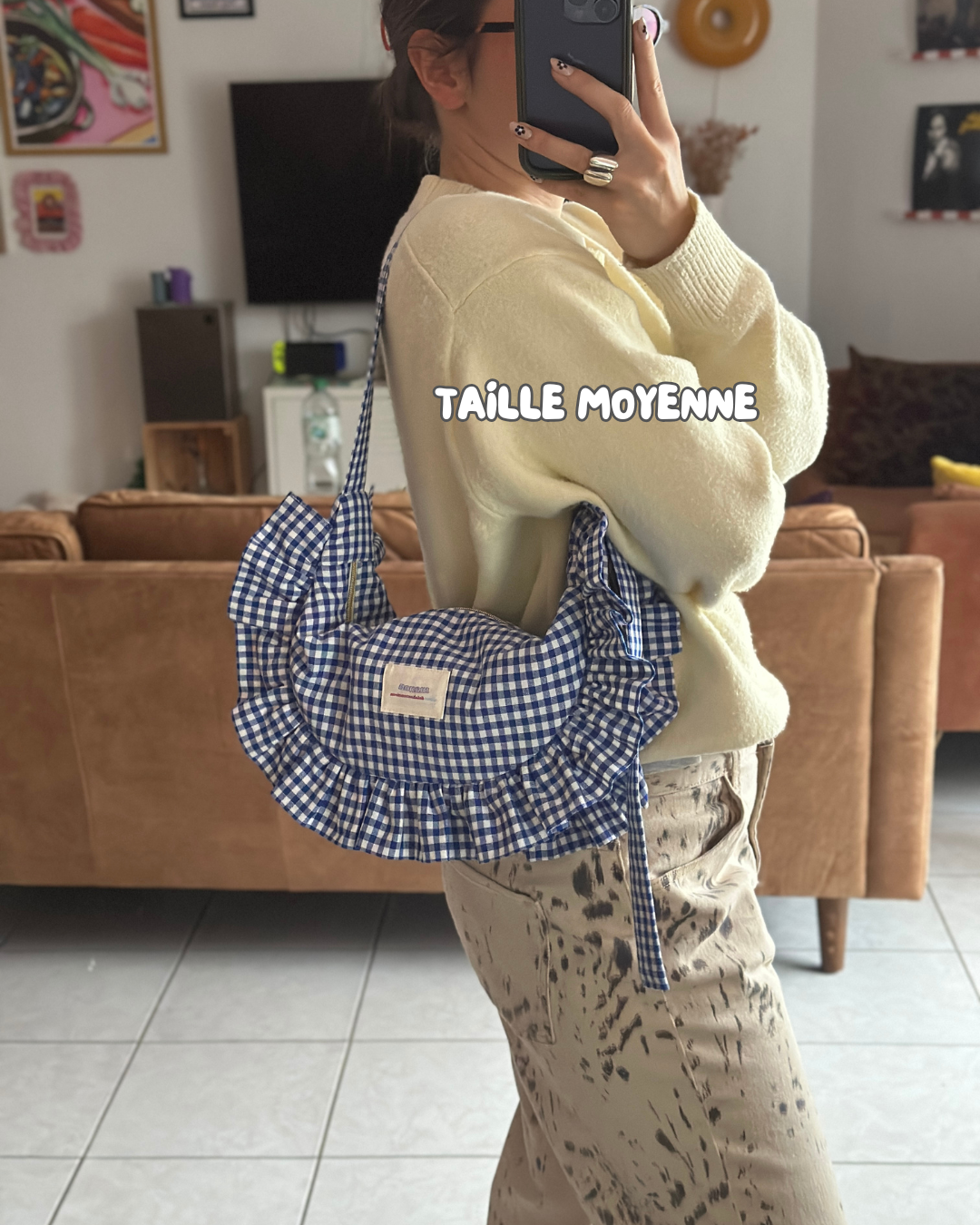  CROISSANT BAG Medium and Large Size - Small blue and white gingham check 