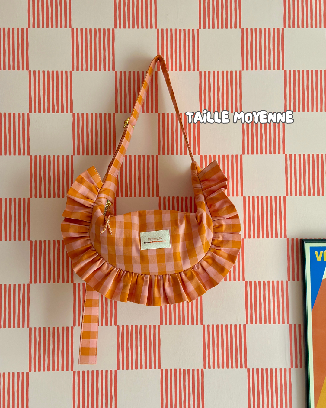  CROISSANT BAG Medium Size - Orange/Pink Checkered Pattern 