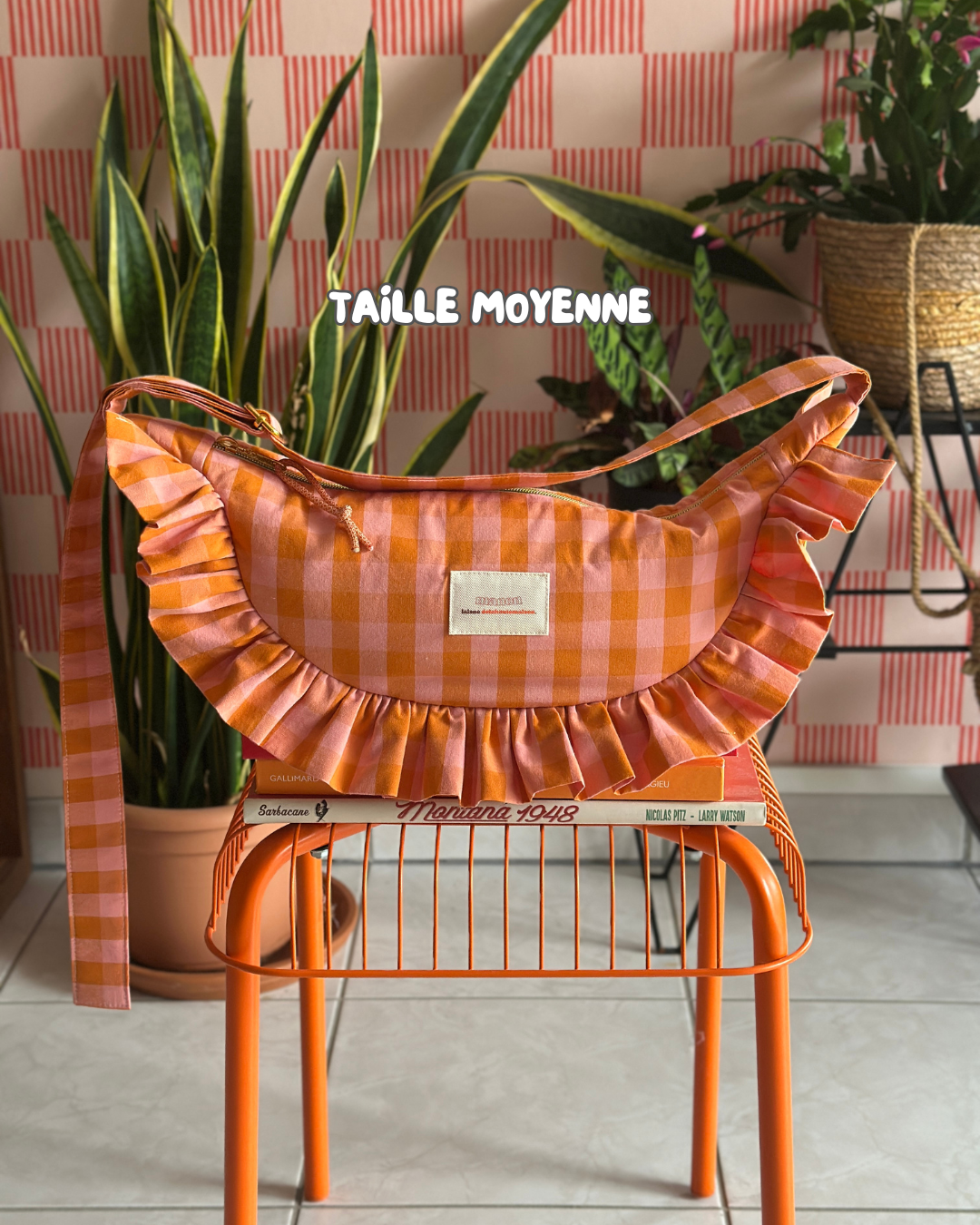  CROISSANT BAG Medium Size - Orange/Pink Checkered Pattern 