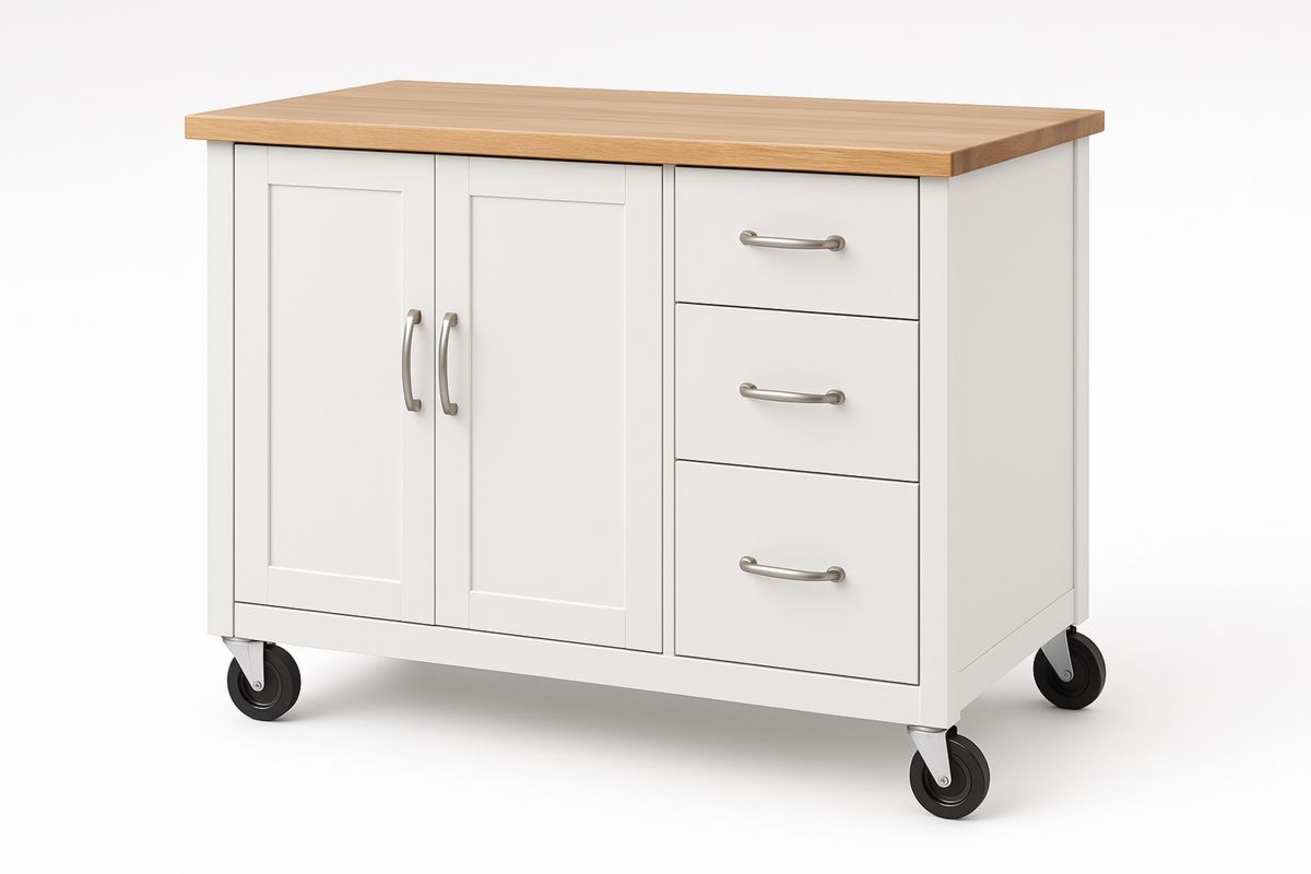 Weißer Küchenwagen mit Buchenplatte, Schubladen und Türen-Jardinaurorazen