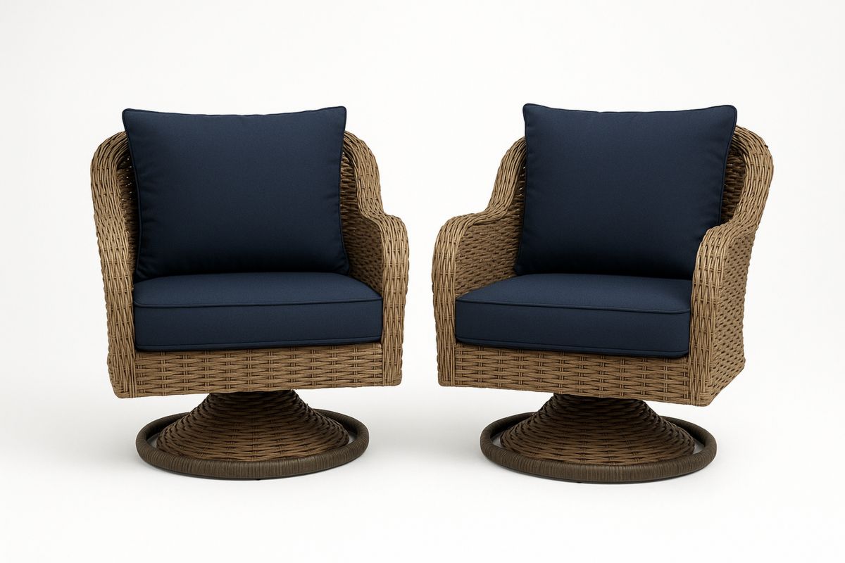 360° Drehbarer Gartensessel aus Polyrattan – Dunkelblau/Naturbraun, Stahlgestell pulverbeschichtet, mit Polyesterkissen-Jardinaurorazen