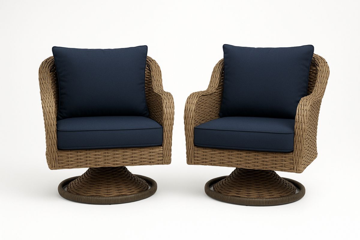360° Drehbarer Gartensessel aus Polyrattan – Dunkelblau/Naturbraun, Stahlgestell pulverbeschichtet, mit Polyesterkissen-Jardinaurorazen