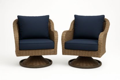 360° Drehbarer Gartensessel aus Polyrattan – Dunkelblau/Naturbraun, Stahlgestell pulverbeschichtet, mit Polyesterkissen-Jardinaurorazen