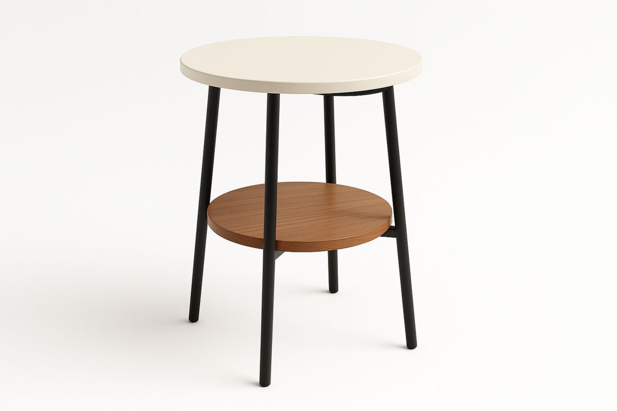 Runder Beistelltisch aus MDF und Metall in Creme, Nussbaum und Schwarz-Jardinaurorazen