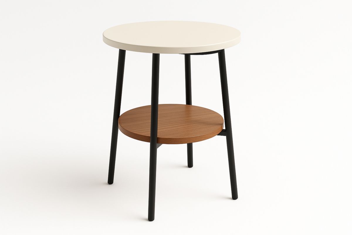 Runder Beistelltisch aus MDF und Metall in Creme, Nussbaum und Schwarz-Jardinaurorazen